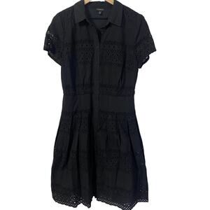Talbots Black Eyelet Lace Short Sleeve Dress Collared Lined Button Down Sz 12